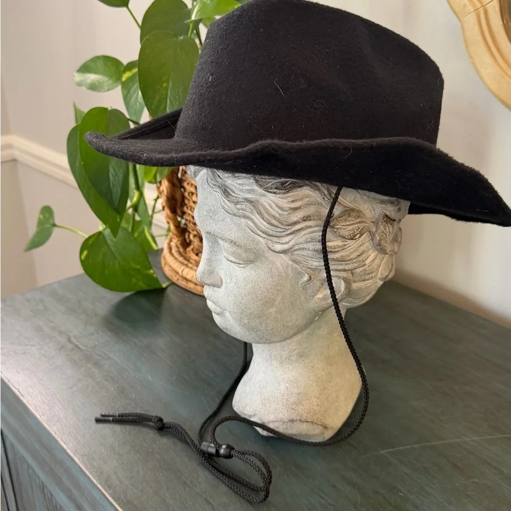Scala Kids black wool felt cowboy hat. Chin ties in black.
